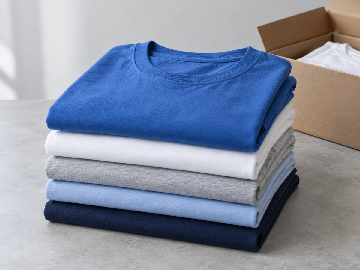 Folded blue, white and grey cotton T-shirts ready for wholesale orders